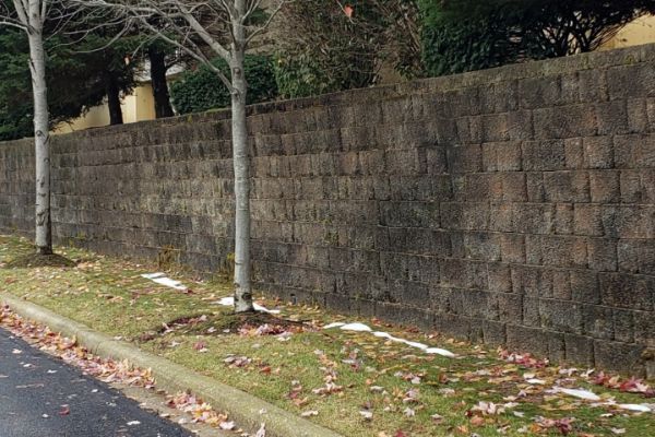 A stone wall along the side of a road with trees in the background.
