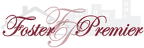 A logo for foster premier with a city skyline in the background.