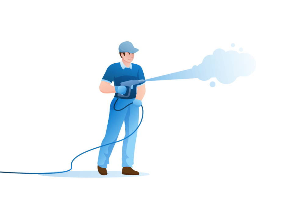 A man is holding a high pressure washer and spraying water.