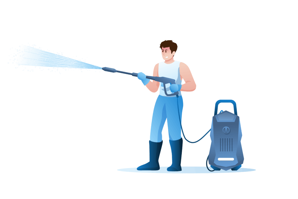 A man is using a high pressure washer on a white background.