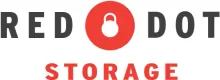 The logo for red dot storage shows a red circle with a weight inside of it.