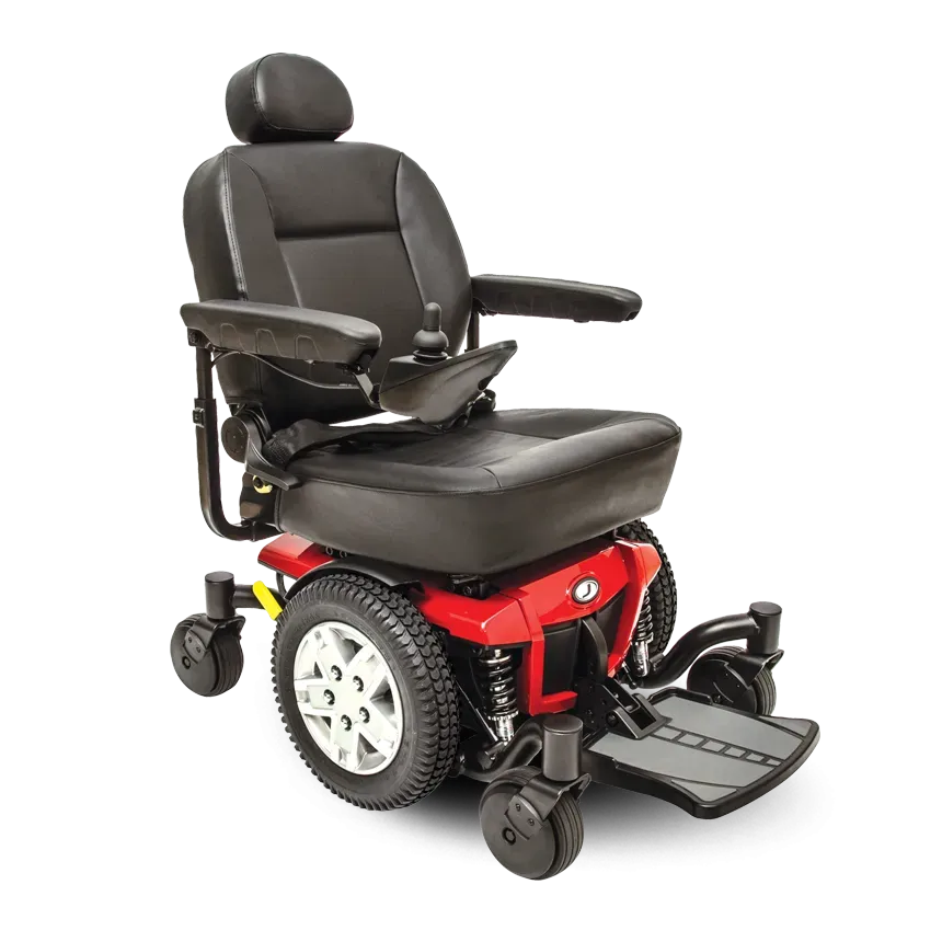 Red and black electric wheelchair with a headrest and armrests.
