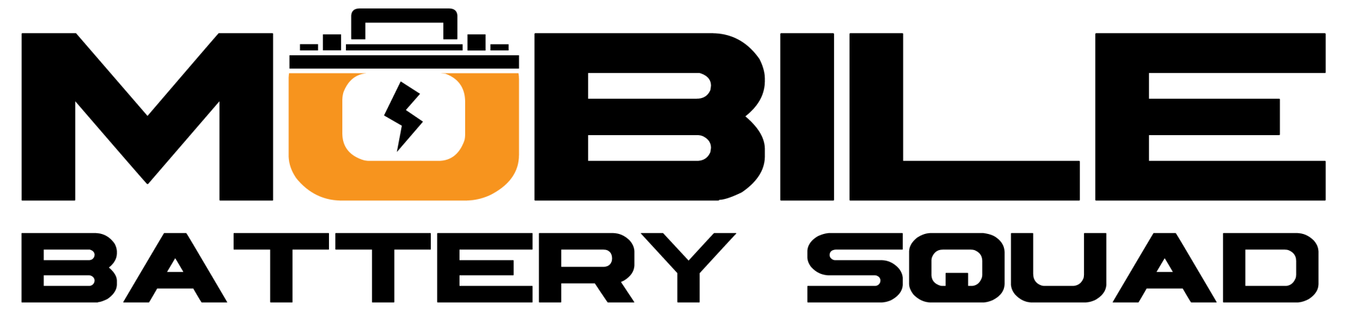 Logo of Mobile Battery Squad, black text with orange battery icon, and lightning bolt.