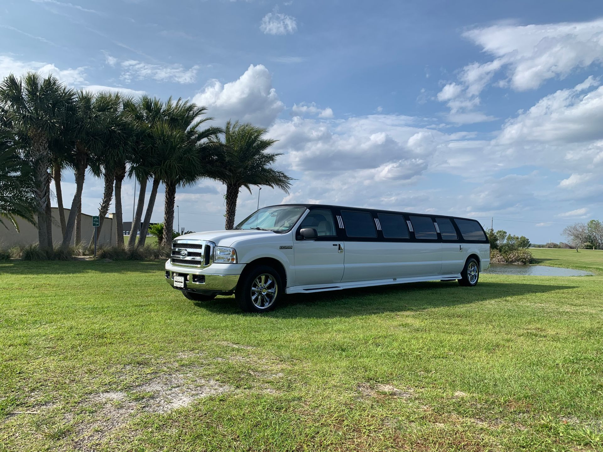 White limousine parked on green grass, palm trees in background. Cloudy sky.