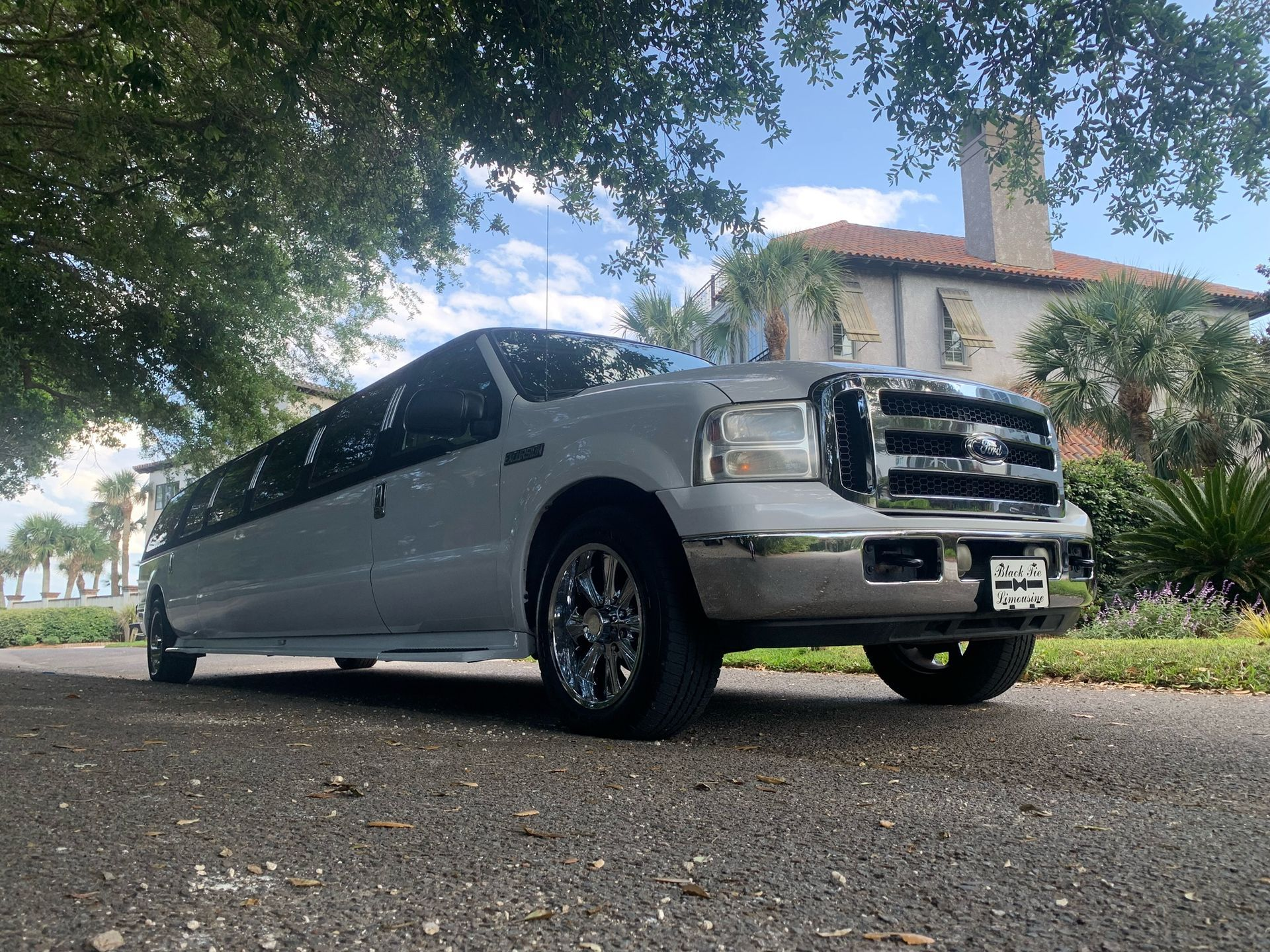 White limousine parked on a tree-lined road in front of a large building.