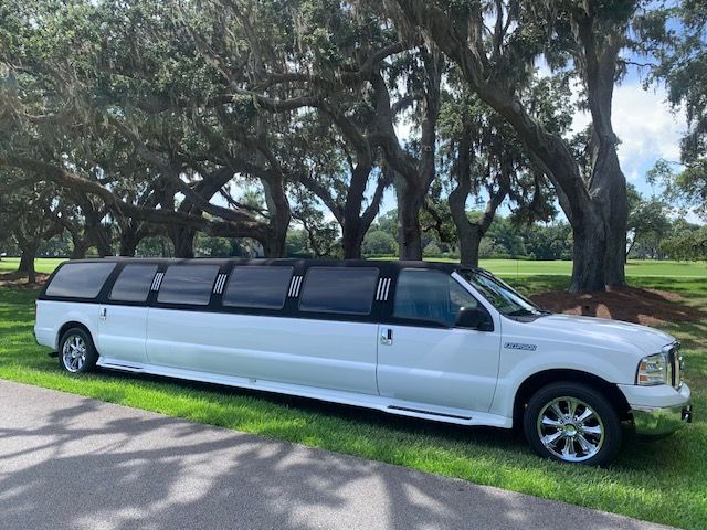 White limousine parked on grass in front of a house, under trees.