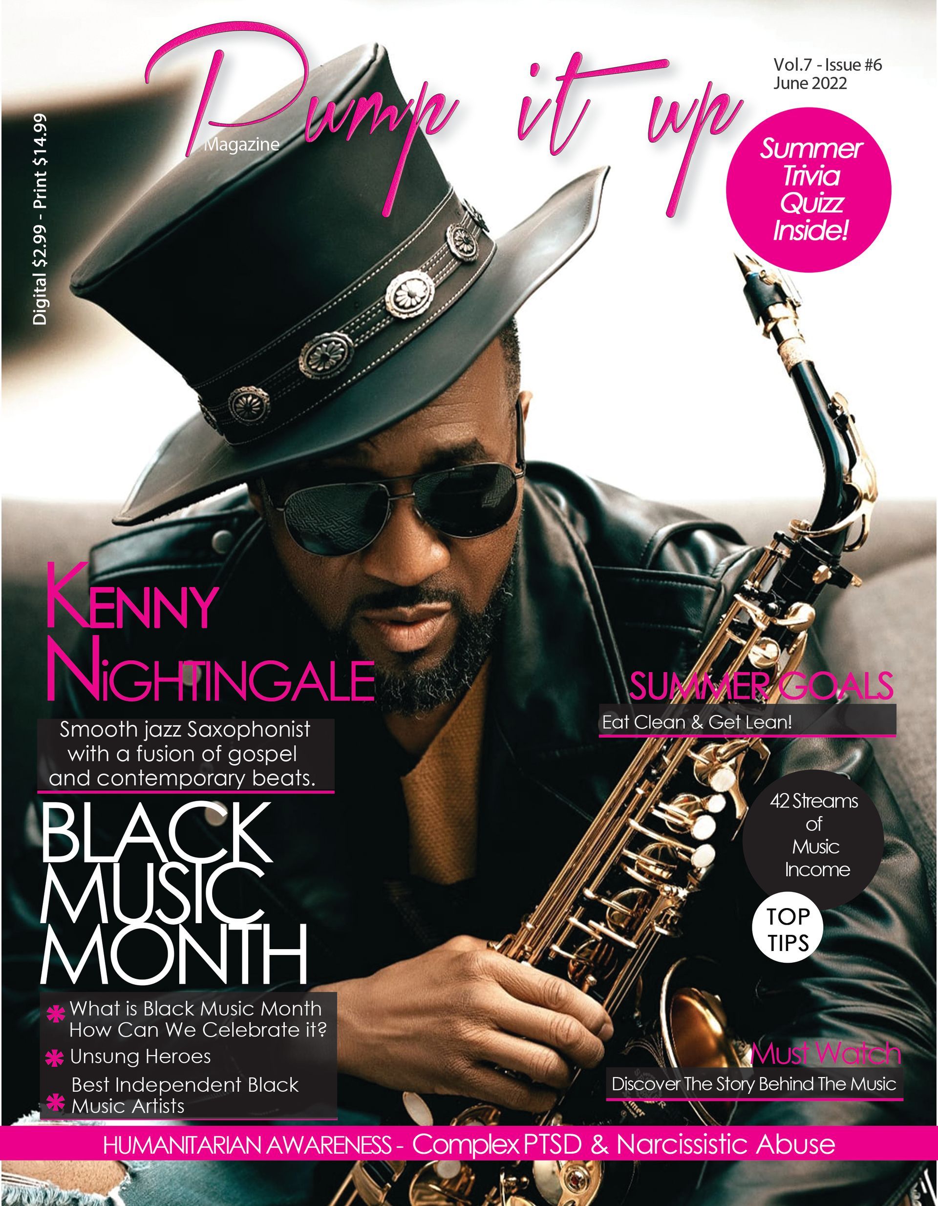 A man in a top hat is playing a saxophone on the cover of a magazine.