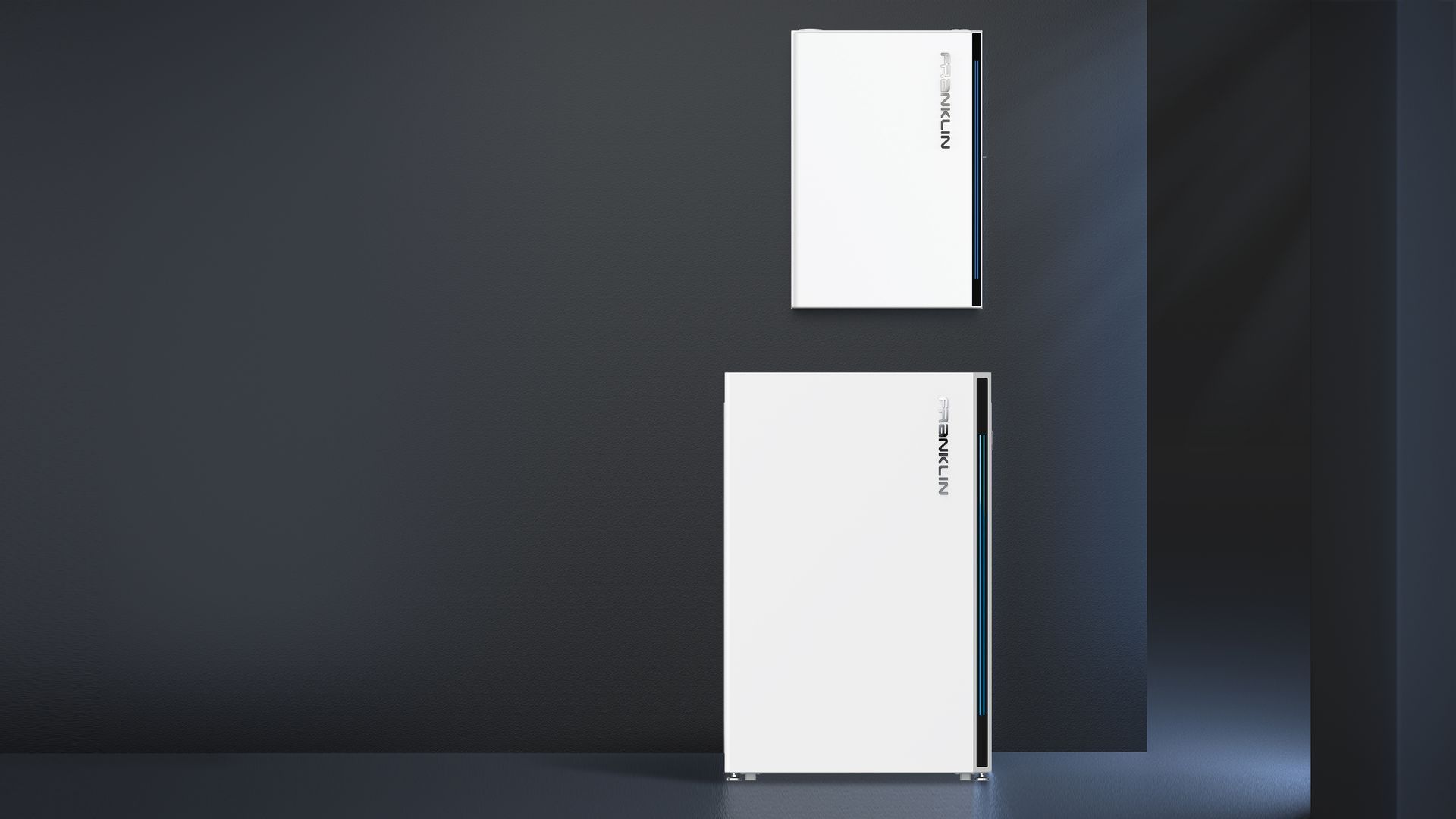 Two white refrigerators are sitting next to each other in a dark room.