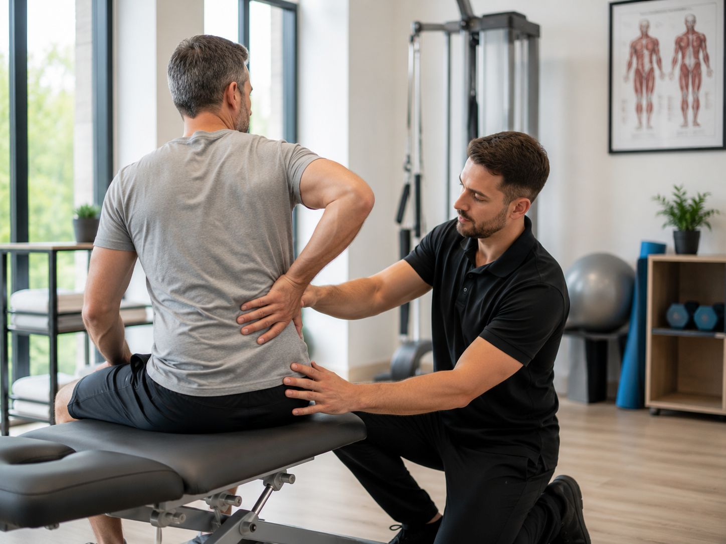 Physiotherapist assessing lower back movement and mobility during a rehabilitation appointment in a
