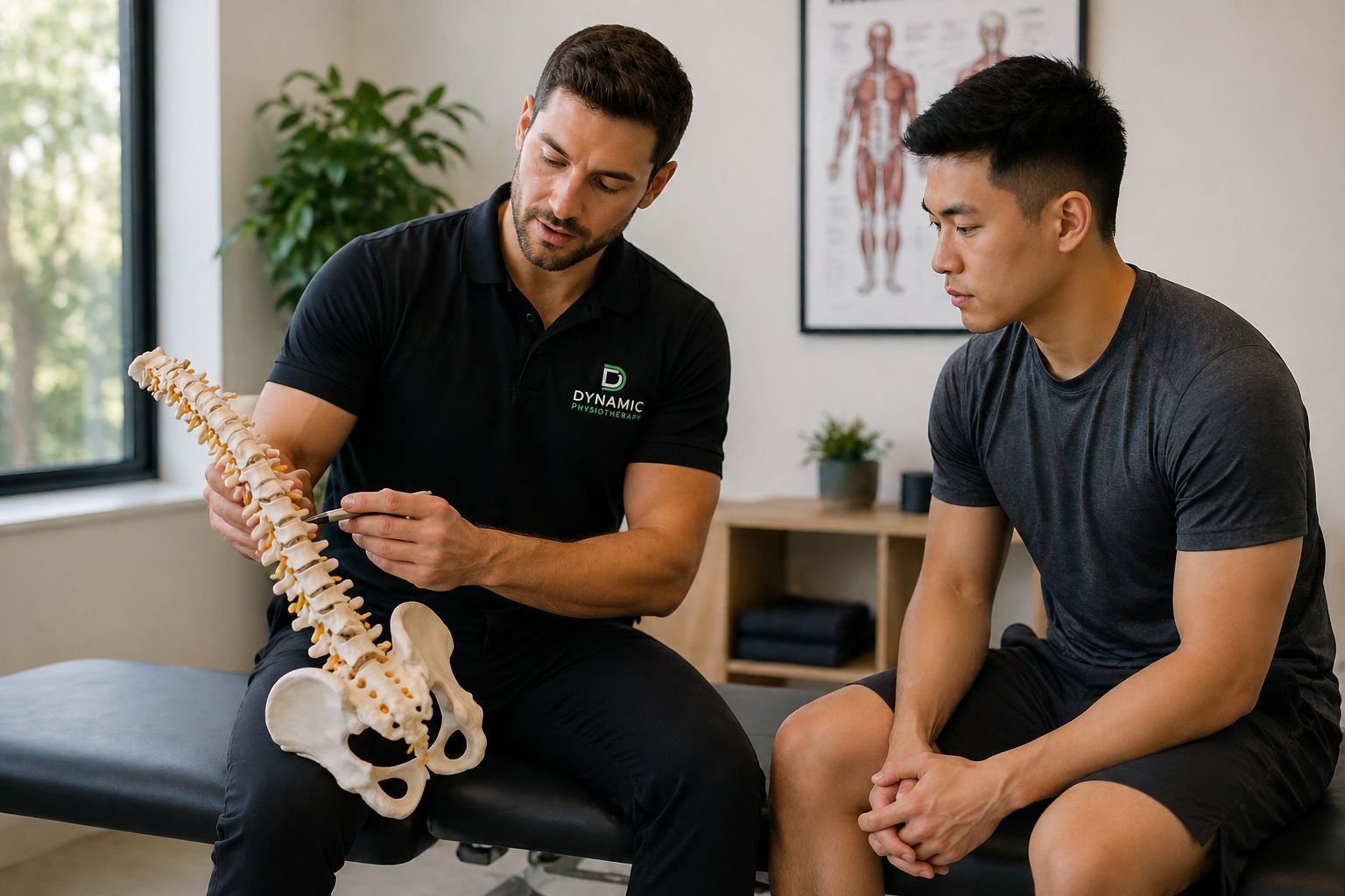 Physiotherapy consultation explaining spine and treatment approach in Mississauga clinic