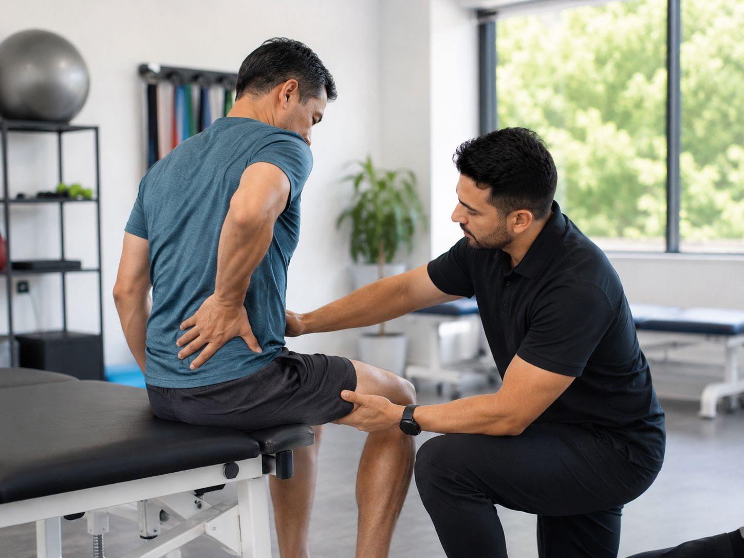Physiotherapist assessing lower back and hip movement for sciatica pain at Dynamic Physiotherapy in 