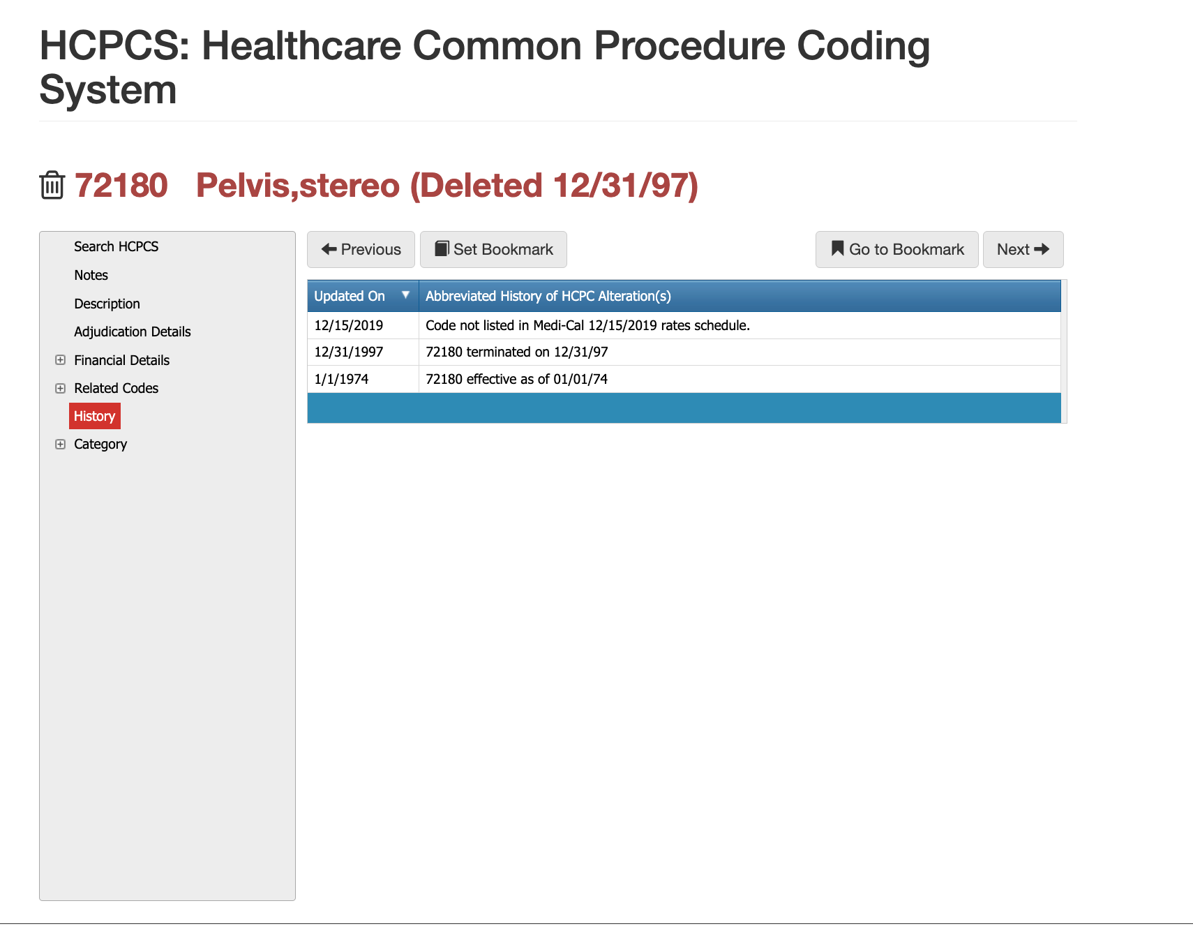HCPCS coding system showing a deleted code 