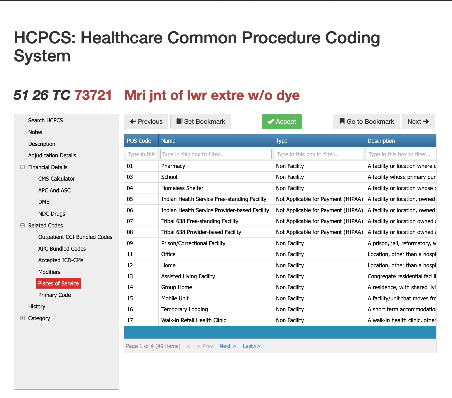 places of service for cpt code 73721