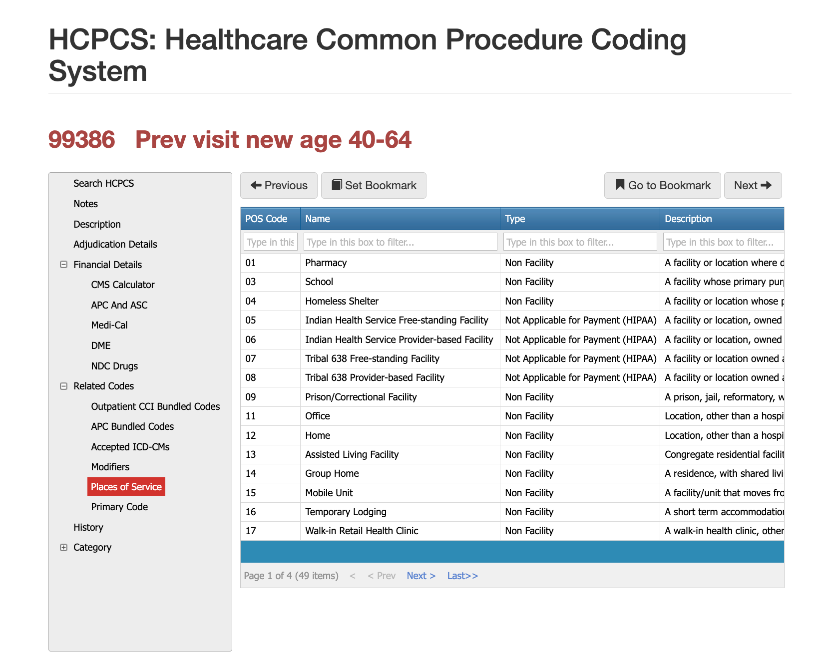 places of service for cpt code 99386