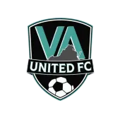 Logo for VA United FC: Black and teal shield with "VA," Virginia outline, soccer ball, and "UNITED FC."