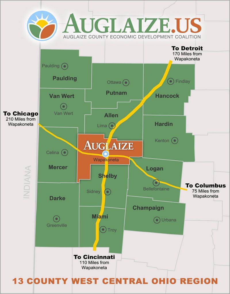 Map of the 13 County West Central Ohio Region, with Auglaize County highlighted, and routes to nearby cities.