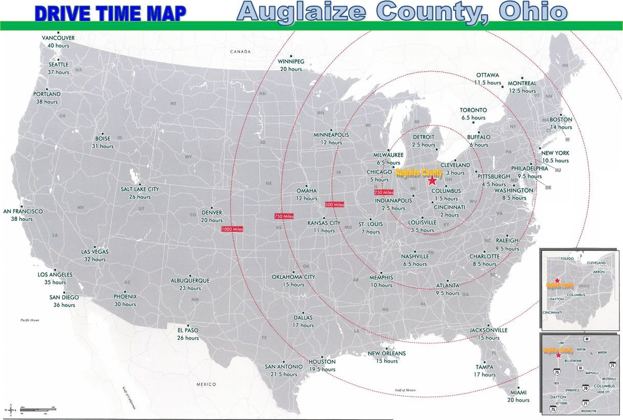 Drive time map centered on Auglaize County, Ohio, with concentric circles showing travel times across the United States.