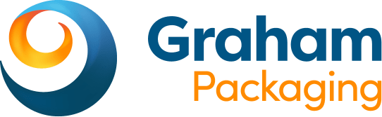 Graham Packaging logo: spiral design in blue and orange, with text 