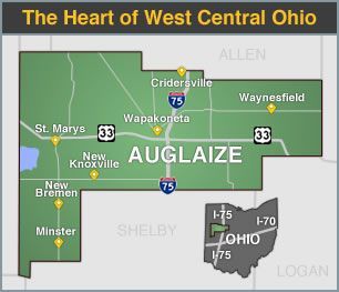 Map of Auglaize County, Ohio, highlighting cities and highways, including I-75 and Route 33.