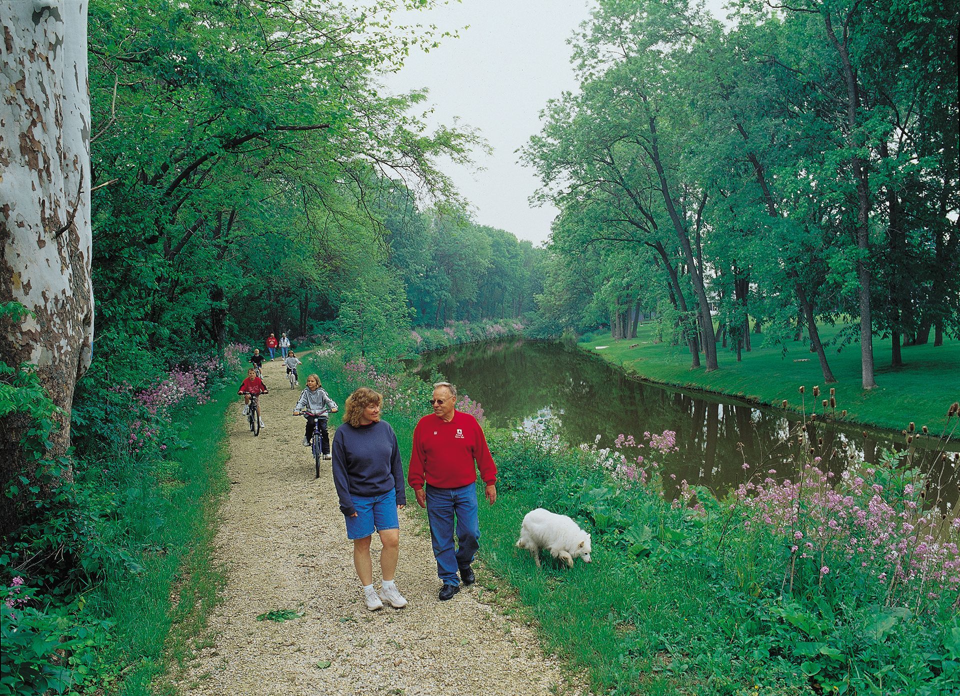 People walking with a dog along a gravel path next to a canal with trees and greenery.