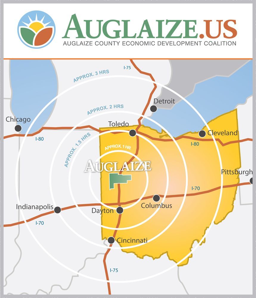 Map showing Auglaize County (Ohio), with concentric circles representing travel times to surrounding cities.
