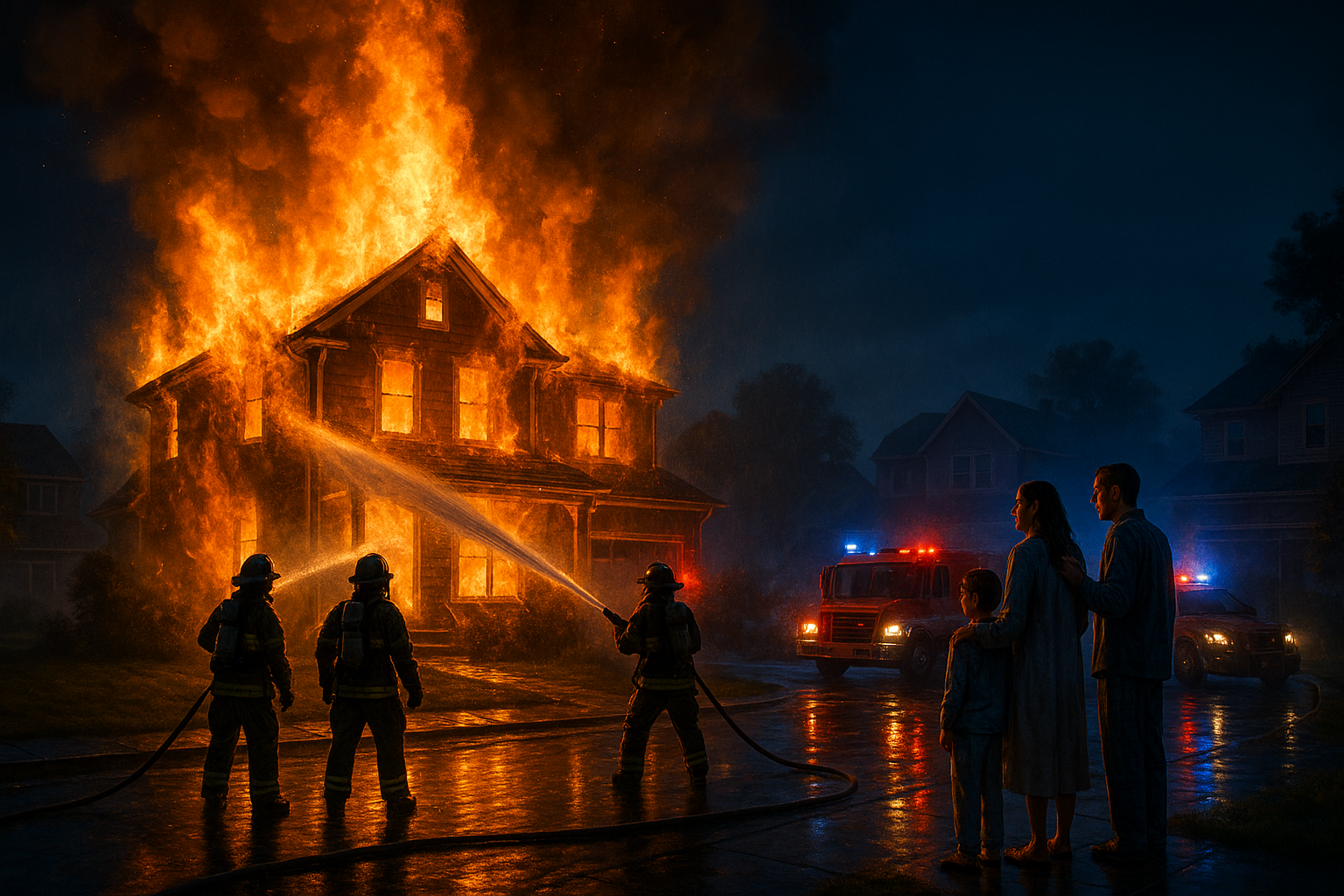 House engulfed in flames during an active fire emergency at night in DuPage County