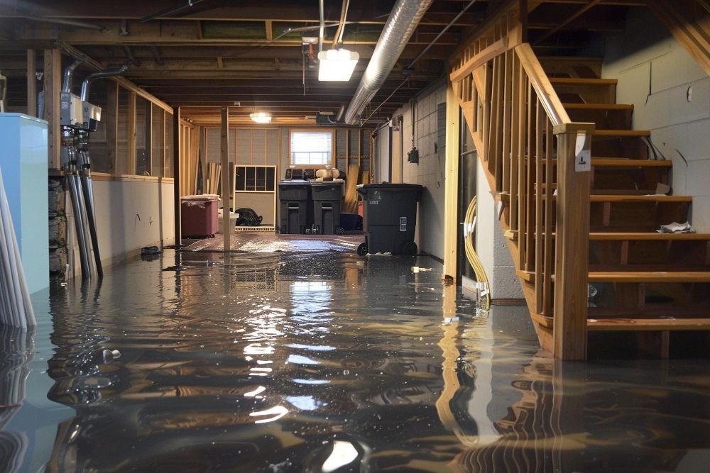 Flooded basement with standing water being pumped out during emergency water damage restoration.