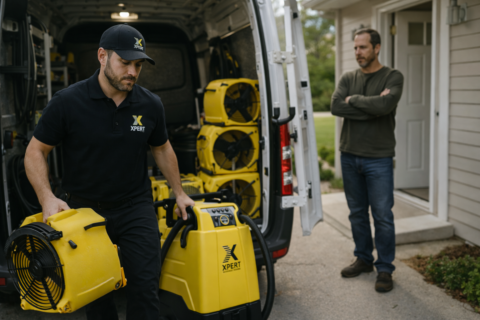 Restoration technician arriving quickly at a Carol Stream home after property damage.
