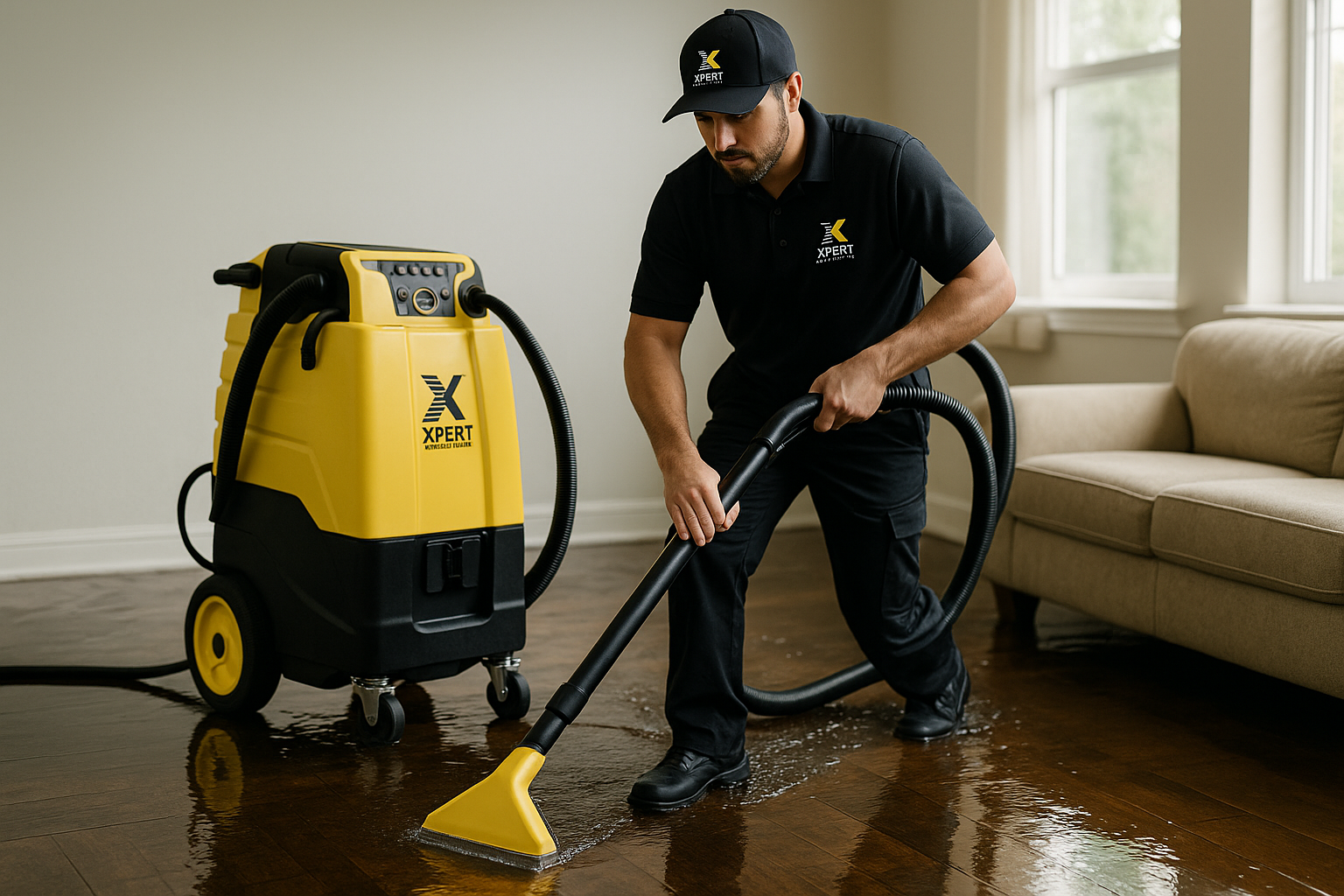 Technician performing emergency water extraction in a flooded Carol Stream home.