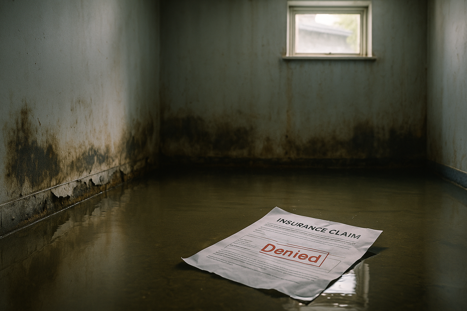 Close-up of a water-damaged basement with visible water lines and a denied insurance claim letter on the floor