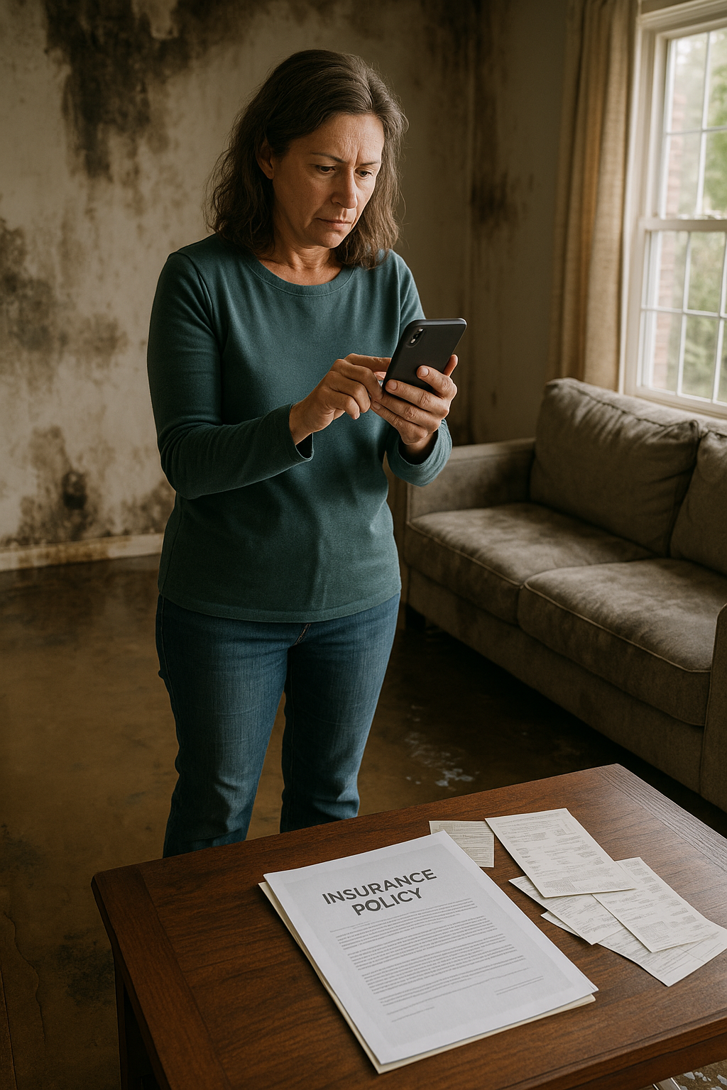 Illinois homeowner taking photos of water-damaged floors and belongings while reviewing insurance documents and receipts