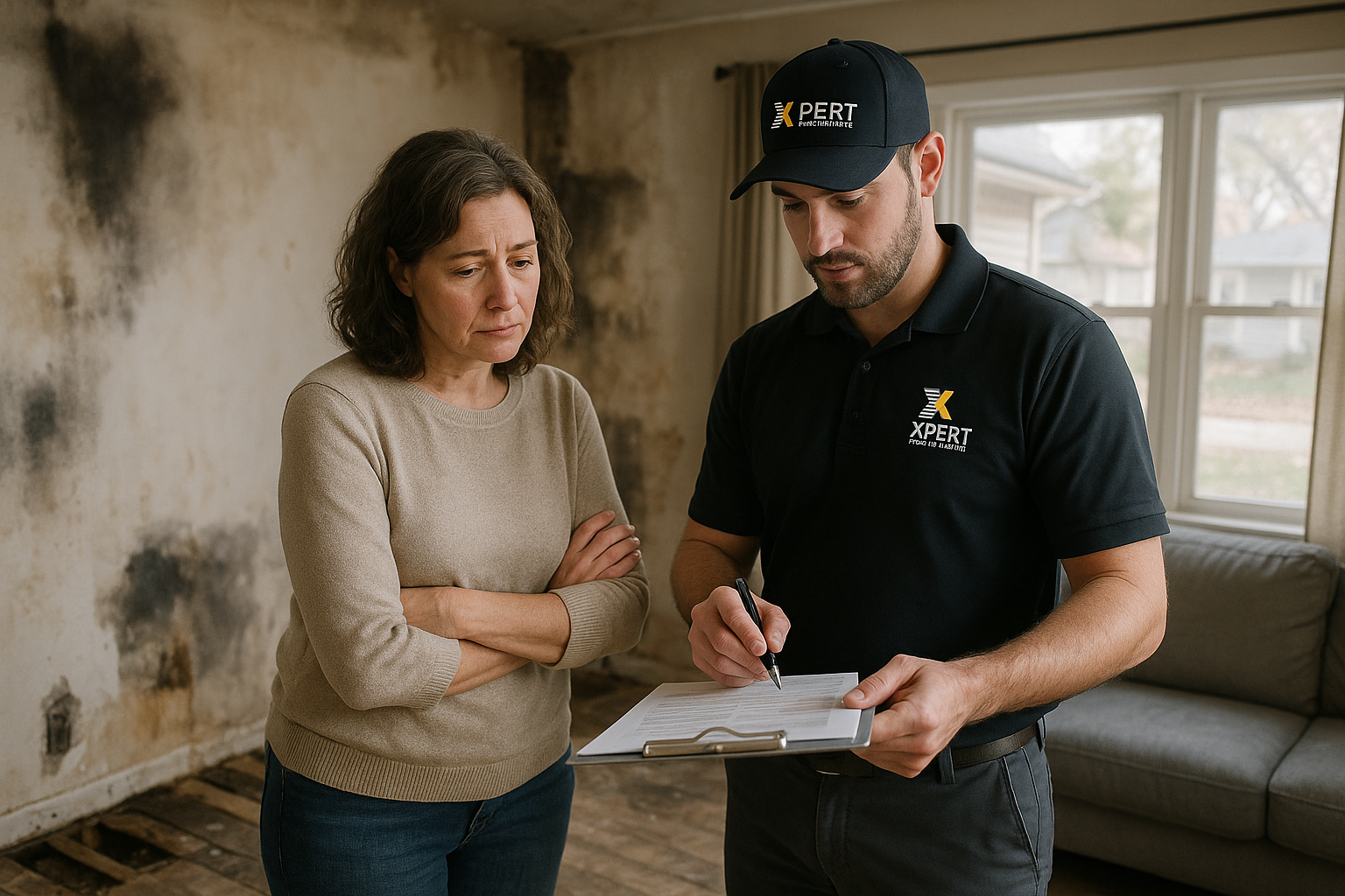 Homeowner and restoration technician reviewing insurance paperwork in a partially repaired Illinois living room after water or fire damage