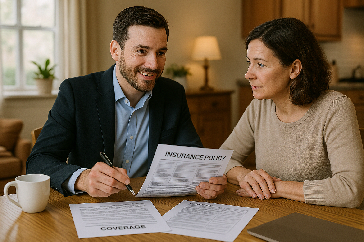 Insurance agent sitting with a homeowner, explaining policy coverage options and endorsements