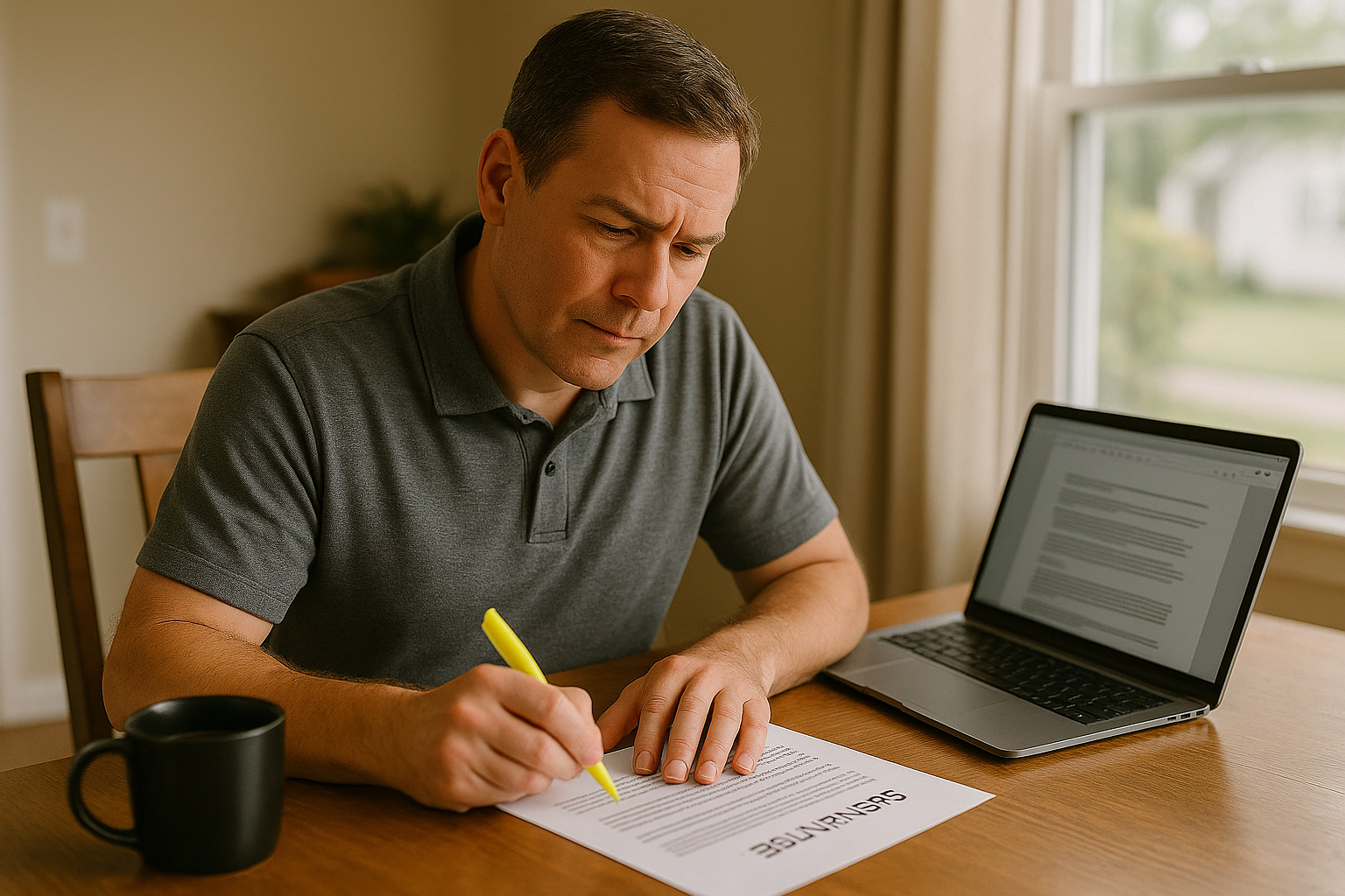 Homeowner in Illinois reading an insurance policy and highlighting key sections at the kitchen table