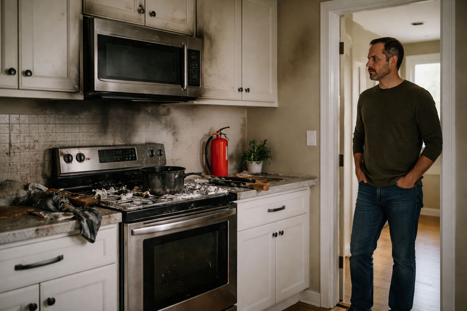 Kitchen with soot damage after a small house fire in Carol Stream.