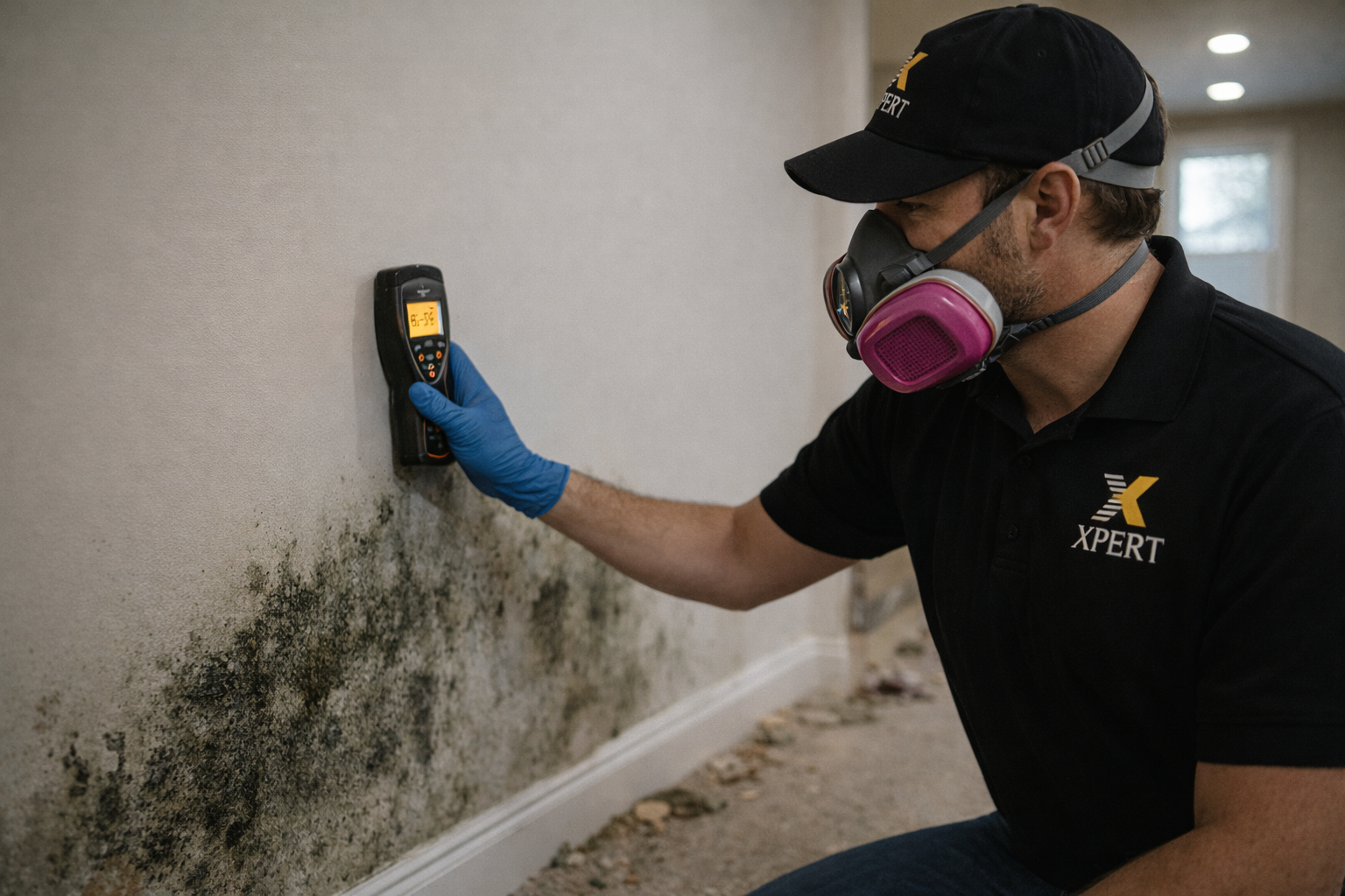 Restoration technician inspecting mold growth in a humid Carol Stream basement.