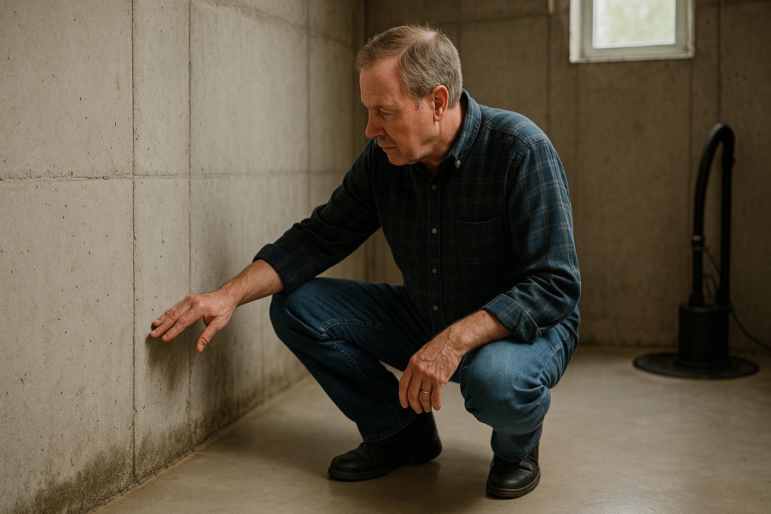 Homeowner inspecting a foundation wall in an older Carol Stream basement for moisture and early sign