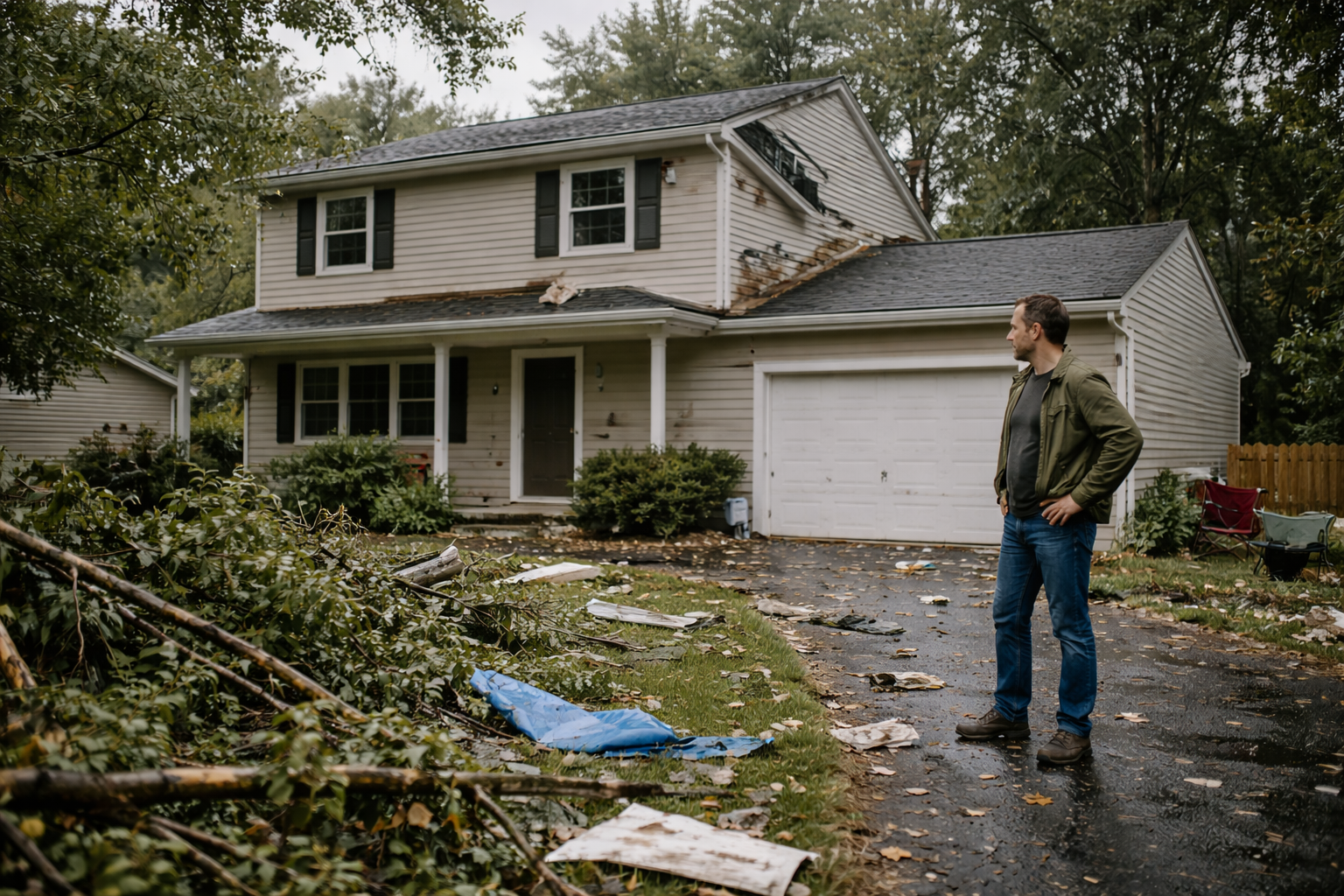 Homeowner inspecting storm damage to a house in Carol Stream after severe weather.
