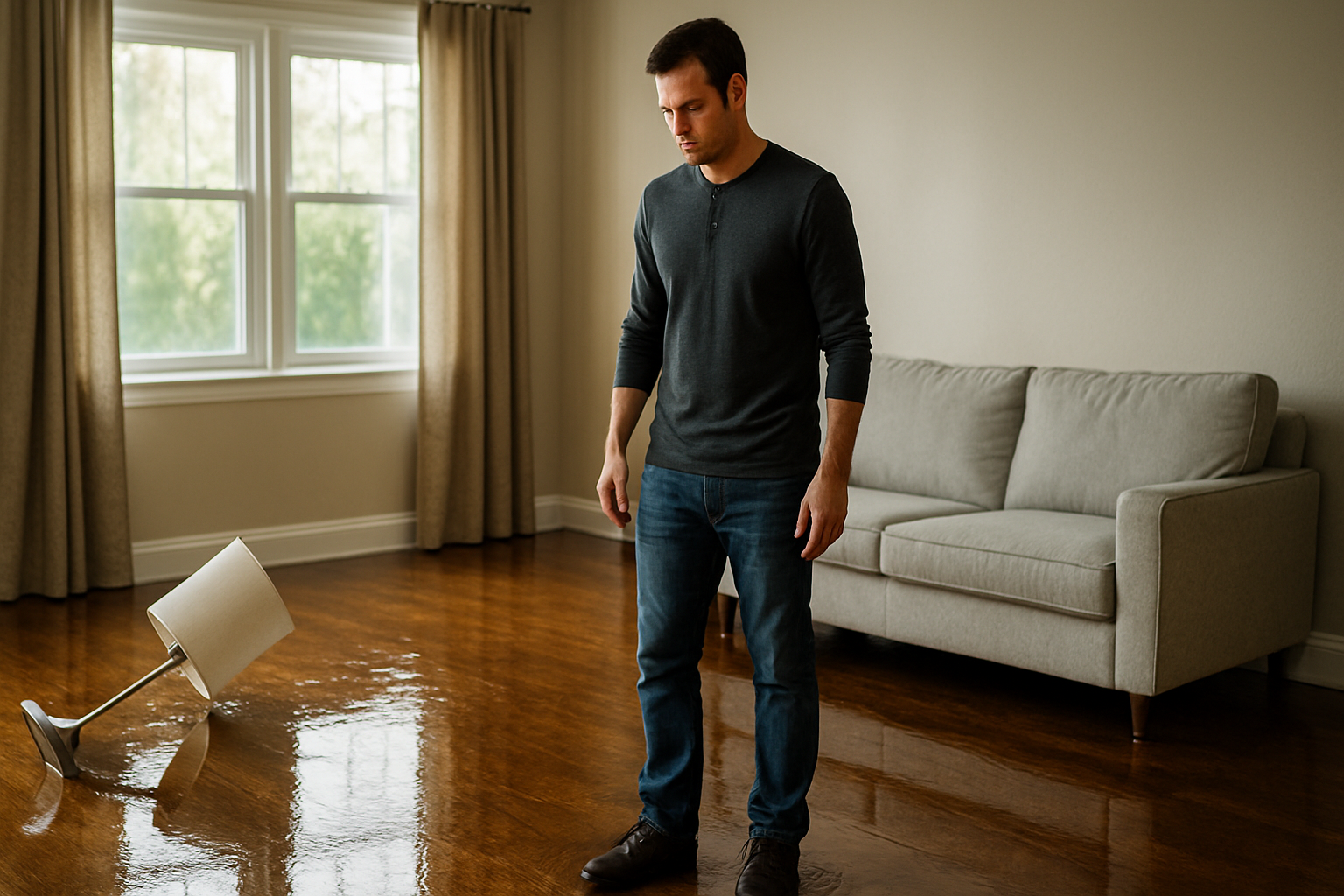 Carol Stream homeowner assessing water damage on a flooded living room floor.