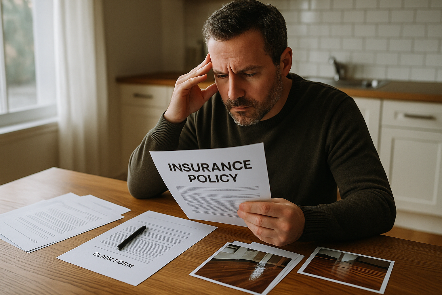 Homeowner reviewing water damage insurance documents at a kitchen table in Carol Stream.