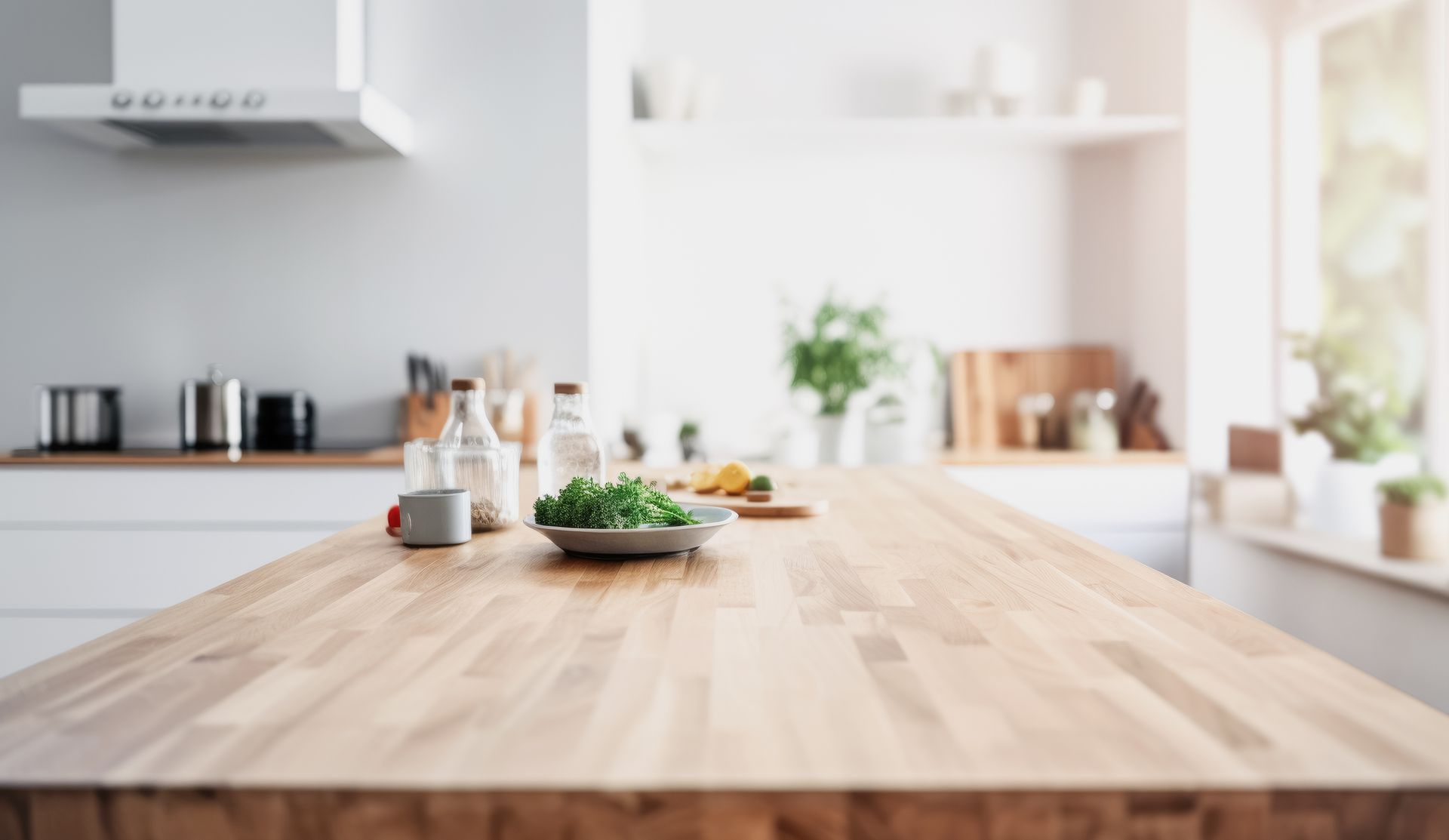 Bright modern kitchen with a wooden island, white cabinets, and small plants near a sunlit window Bright modern kitchen with a wooden island, white cabinets, and small plants near a sunlit window
