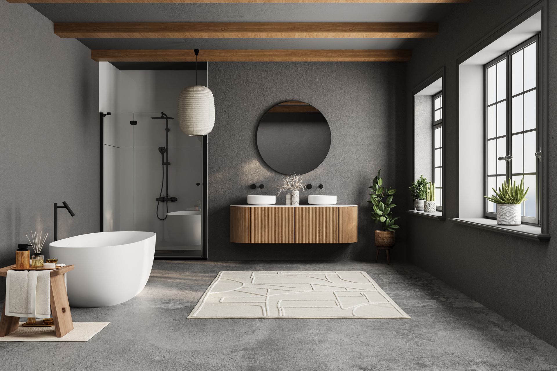 Modern gray bathroom with freestanding tub, wooden vanity, round mirror, glass shower, and large windows.