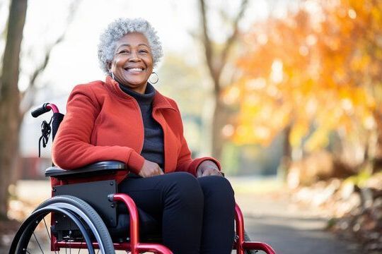 Woman in wheelchair smiling outdoors, wearing a red jacket, autumn background.