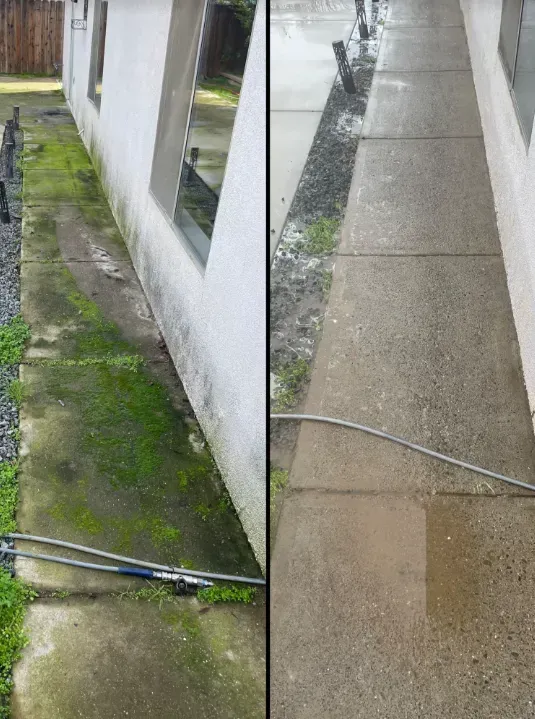 A before and after picture of a concrete walkway.
