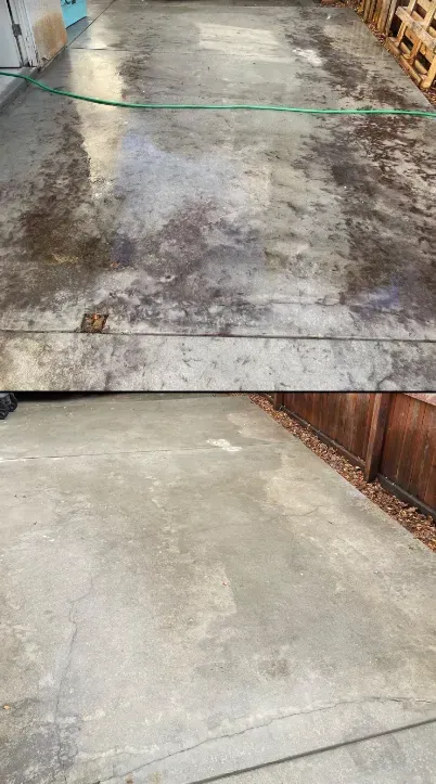 A before and after picture of a concrete driveway.