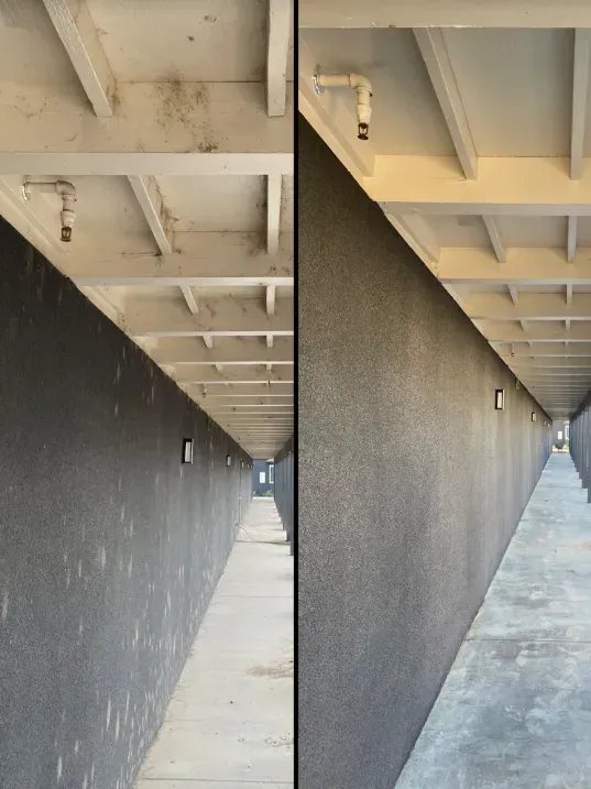 A before and after photo of a hallway between two buildings.