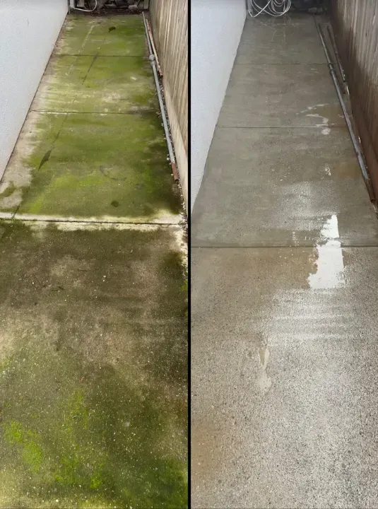 A before and after picture of a concrete walkway.