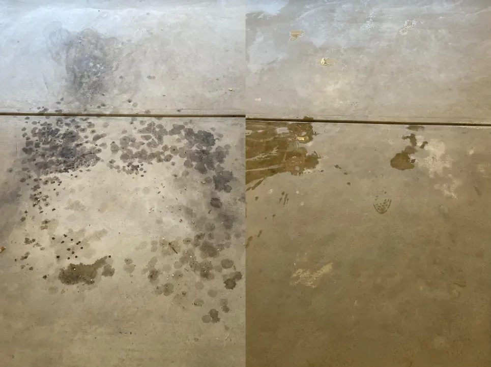 A before and after photo of a dirty concrete floor.