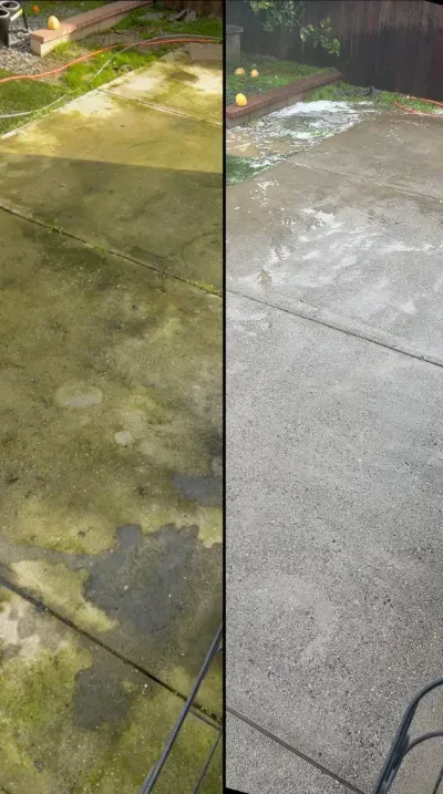 A before and after picture of a concrete driveway.