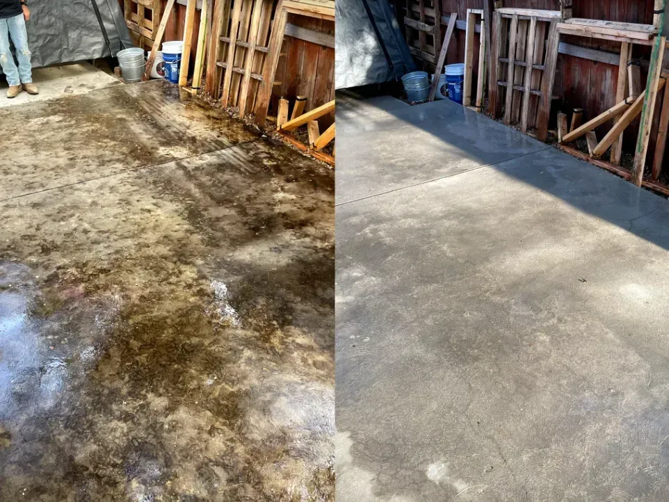 A before and after picture of a concrete floor.